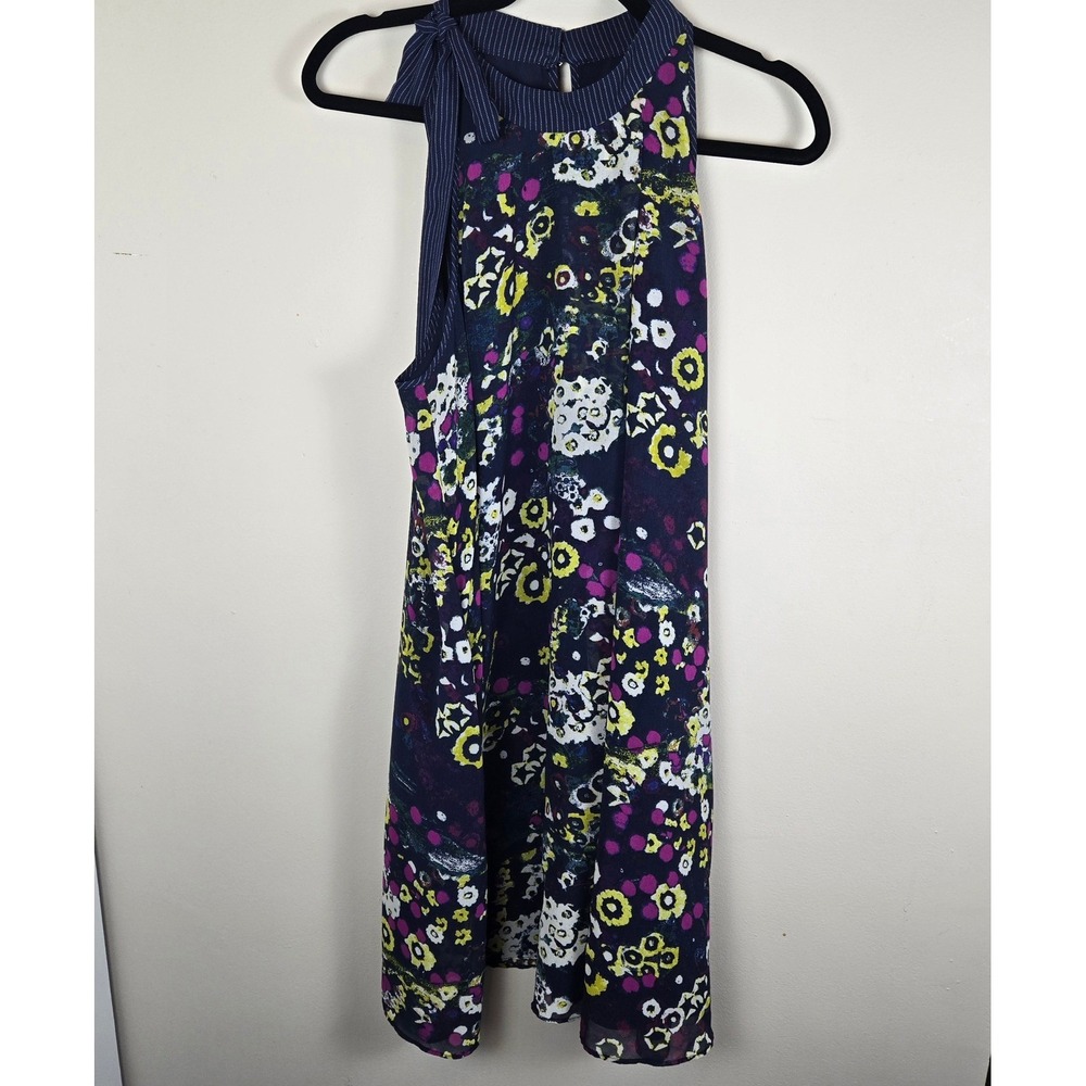 Rachel Roy Dress Tie Neck Floral Print Sleeveless Navy L W/Pockets Whimsical